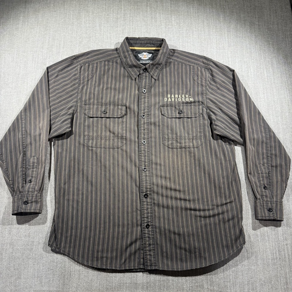 Harley-Davidson Shirt Mens XL Gray Stripe Long Sleeve Button Up Back Graphic